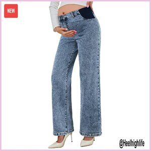 Maternity Jeans High Waist Straight Leg Denim Pants Adjustable Waistband